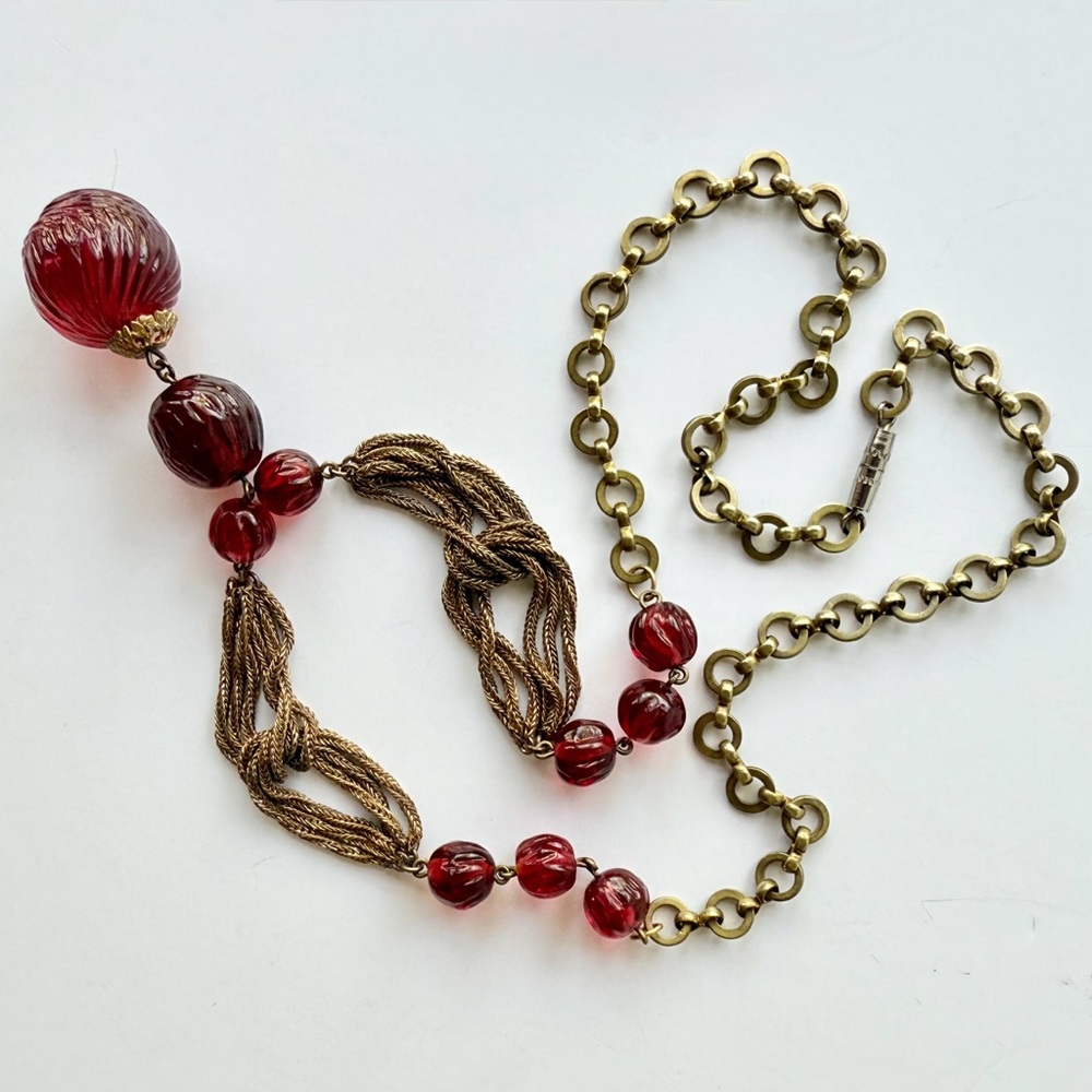 Vintage Louis Rousselet French Couture Red Glass Melon Bead Drop Chain Necklace - Picture 7 of 16